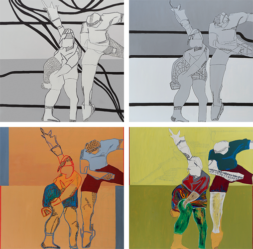 4er Gruppe Sportlerpaar I-IV, 2011, je 100 x 100 cm